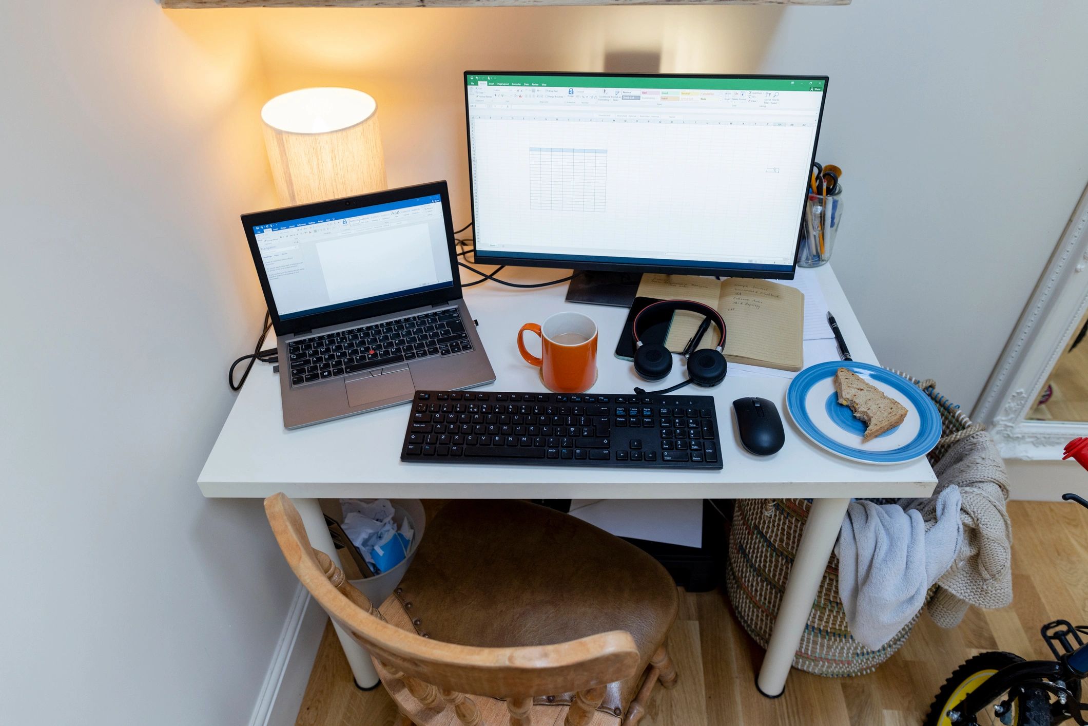 Home office desk with computer monitors